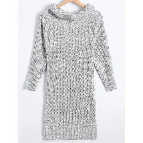 Sheath Turtleneck Chunky Sweater Dress - Light Gray One Size