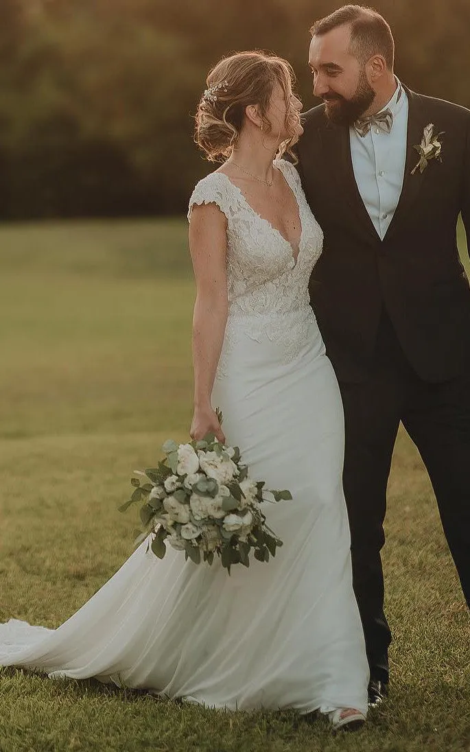 Sheath V-neck Chiffon Modern Wedding Dress With Short Sleeve And Sweep Train-716579
