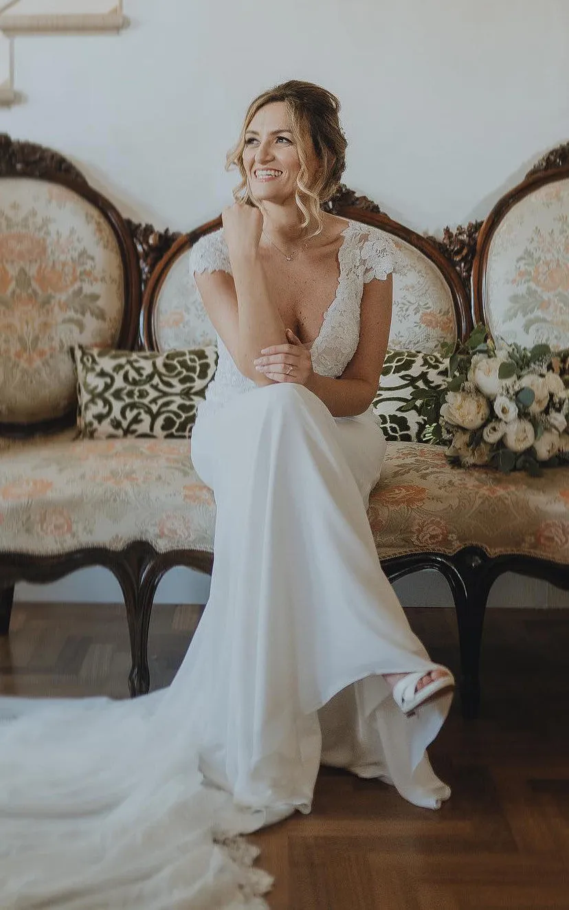 Sheath V-neck Chiffon Modern Wedding Dress With Short Sleeve And Sweep Train-716579