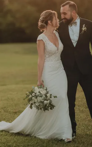 Sheath V-neck Chiffon Modern Wedding Dress With Short Sleeve And Sweep Train-716579