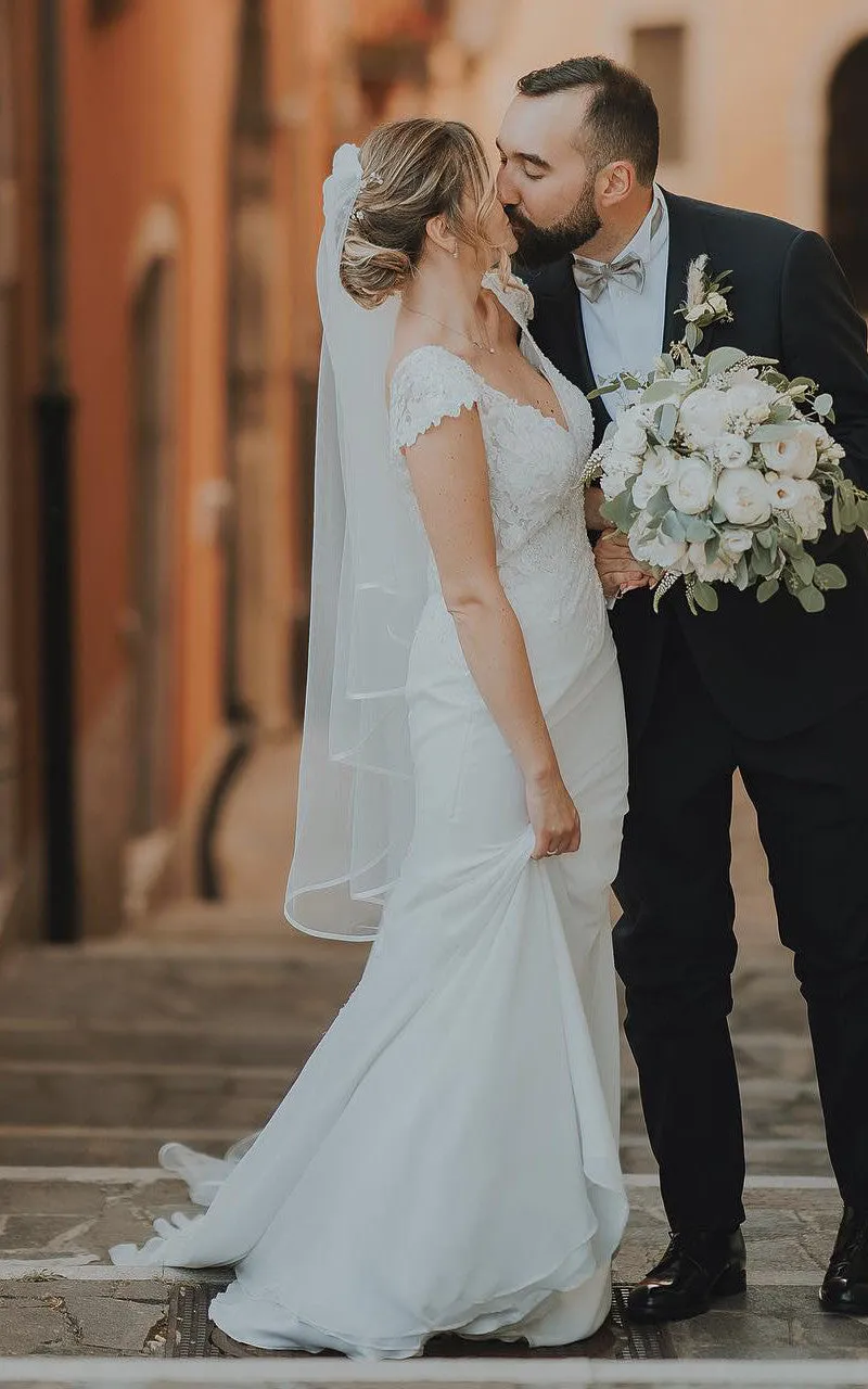 Sheath V-neck Chiffon Modern Wedding Dress With Short Sleeve And Sweep Train-716579