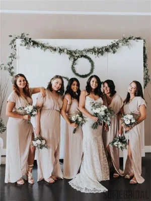 Sheath V-neck Short Sleeves Cheap Simple Long Bridesmaid Dresses With Split, BD1059