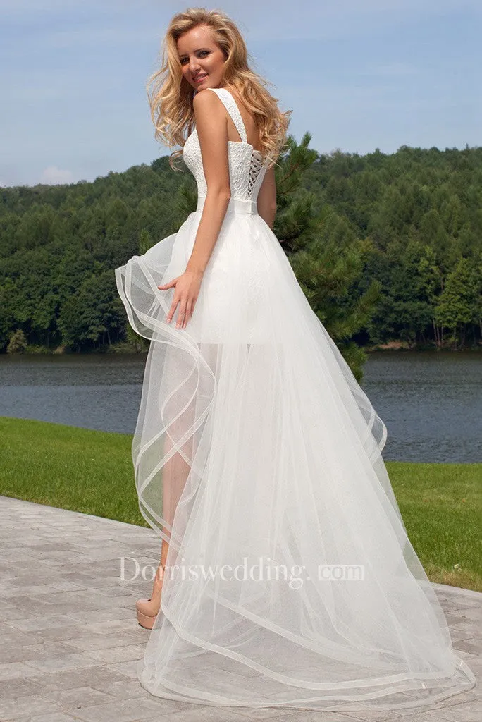 Short Straps Lace Wedding Dress With Corset Back-MK_700186