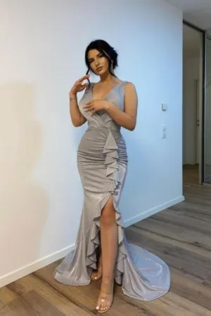Silver Long V-neck Mermaid Ruffle Prom Dresses with Glitter