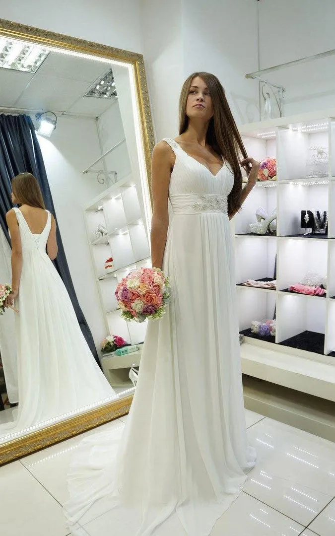 Simple Casual A-Line Greek Empire Chiffon Beading V-Neck Floor Length Wedding Dress with Ruffles