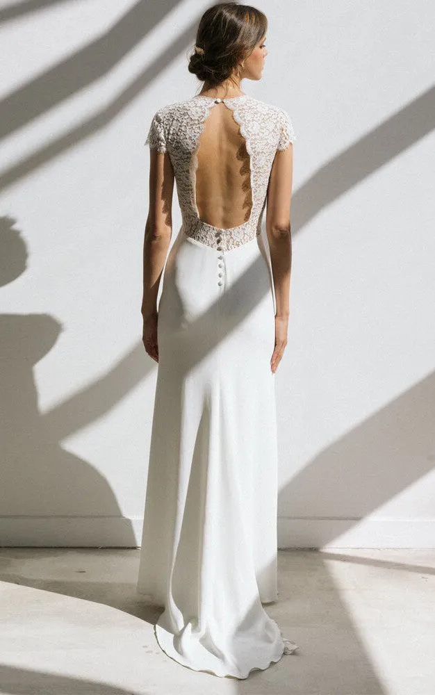 Simple Sheath Empire Floor-length Sweep Train Chiffon V-neck Short Sleeve Wedding Dress-716032