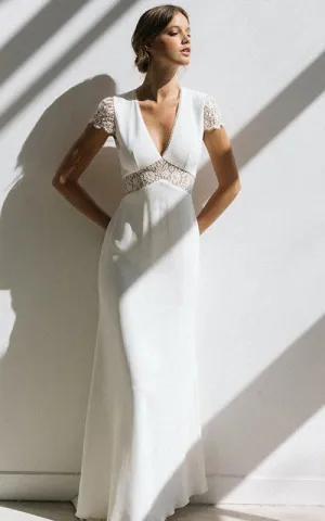Simple Sheath Empire Floor-length Sweep Train Chiffon V-neck Short Sleeve Wedding Dress-716032
