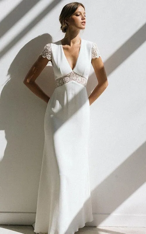 Simple Sheath Empire Floor-length Sweep Train Chiffon V-neck Short Sleeve Wedding Dress-716032