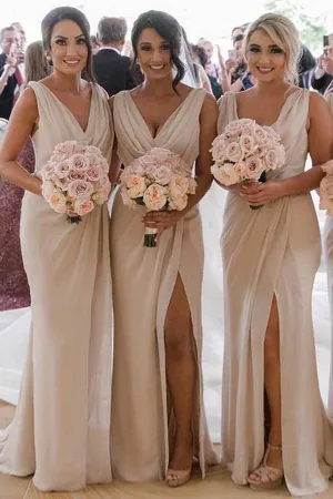 Simple Sheath Long Bridesmaid Dresses with Slit, Cheap Bridesmaid Dresses, MBD102