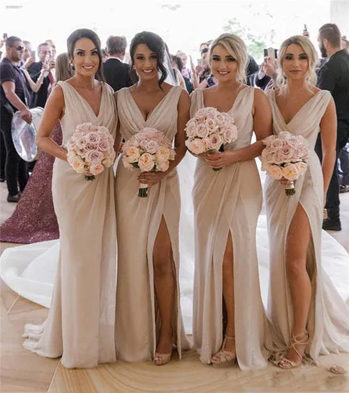Simple Sheath Long Bridesmaid Dresses with Slit, Cheap Bridesmaid Dresses, MBD102