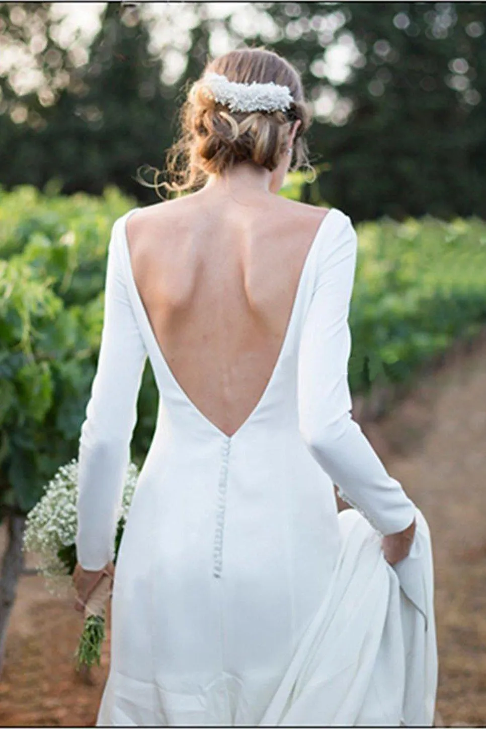 Simple Sheath Satin Deep-V Back Floor Length Wedding Dress With Chapel Train-715716