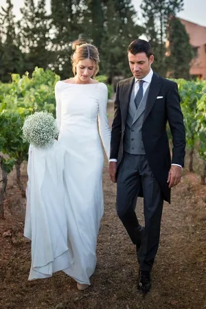 Simple Sheath Satin Deep-V Back Floor Length Wedding Dress With Chapel Train-715716