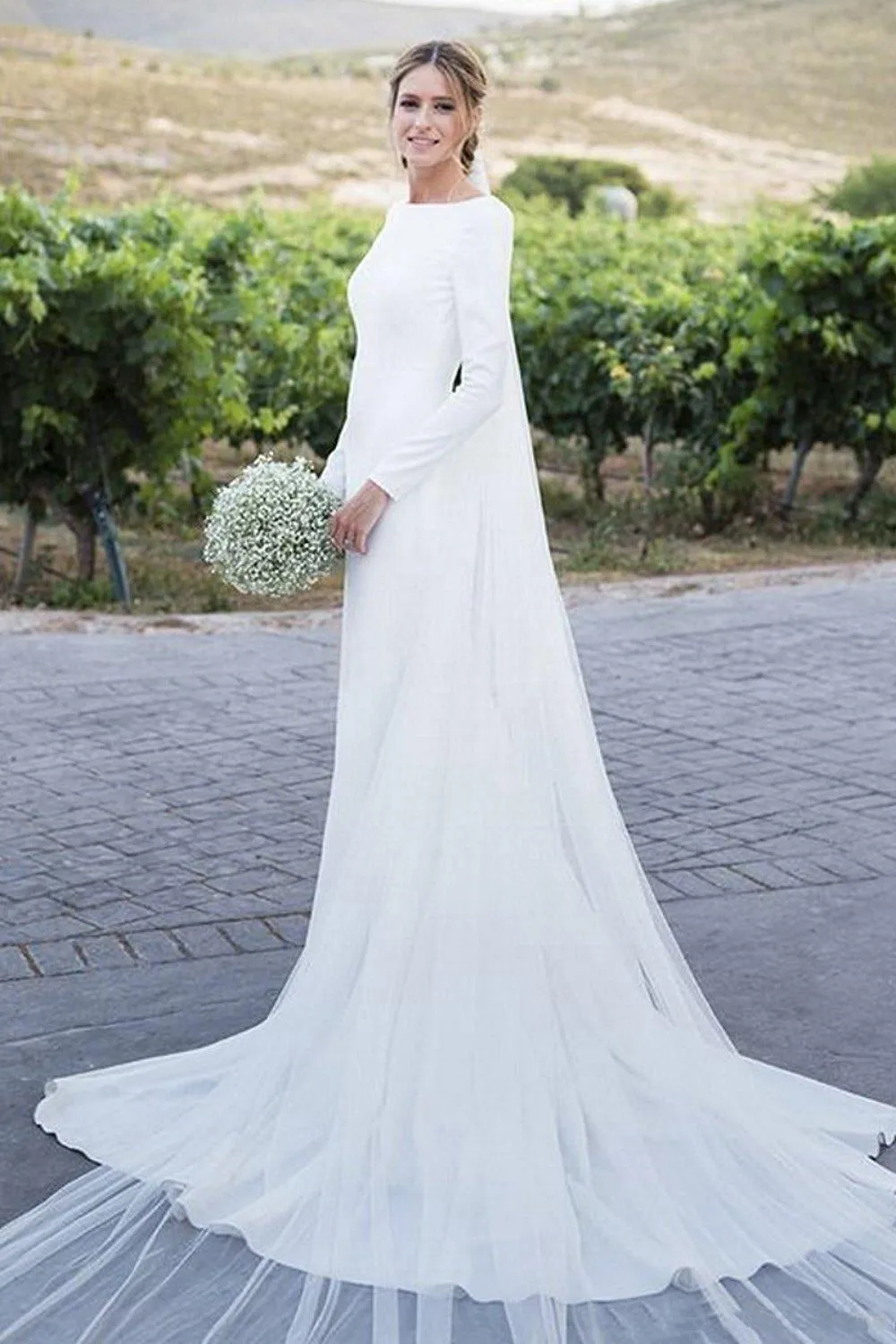Simple Sheath Satin Deep-V Back Floor Length Wedding Dress With Chapel Train-715716