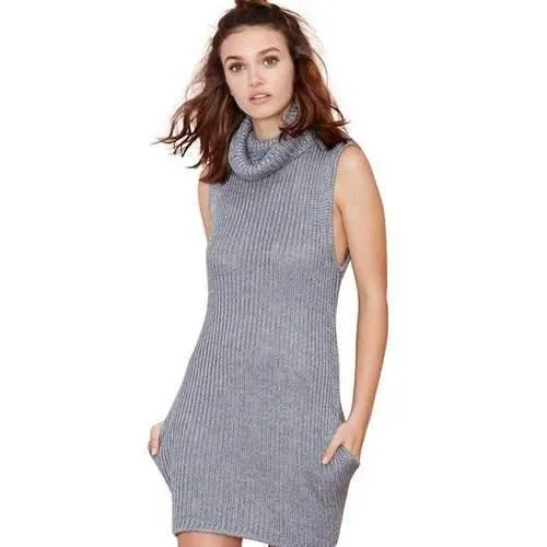 Simple Style Turtle Neck Sleeveless Solid Color Slimming Women's Sweater Dress - Gray S