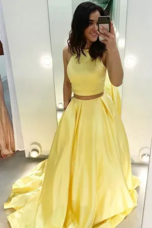 Simple Two Piece Yellow Prom Dresses Satin Long With Pockets