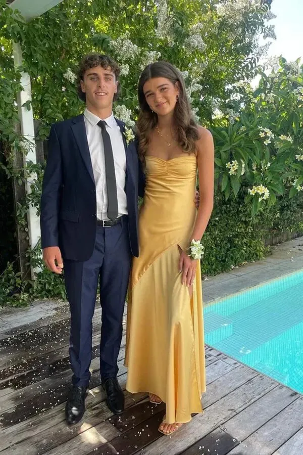 Simple Yellow Spaghetti Straps Satin Prom Dresses, Long Formal Dress, MP1019