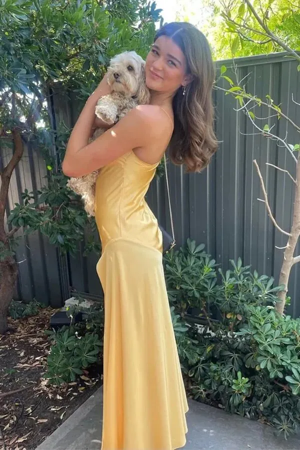 Simple Yellow Spaghetti Straps Satin Prom Dresses, Long Formal Dress, MP1019