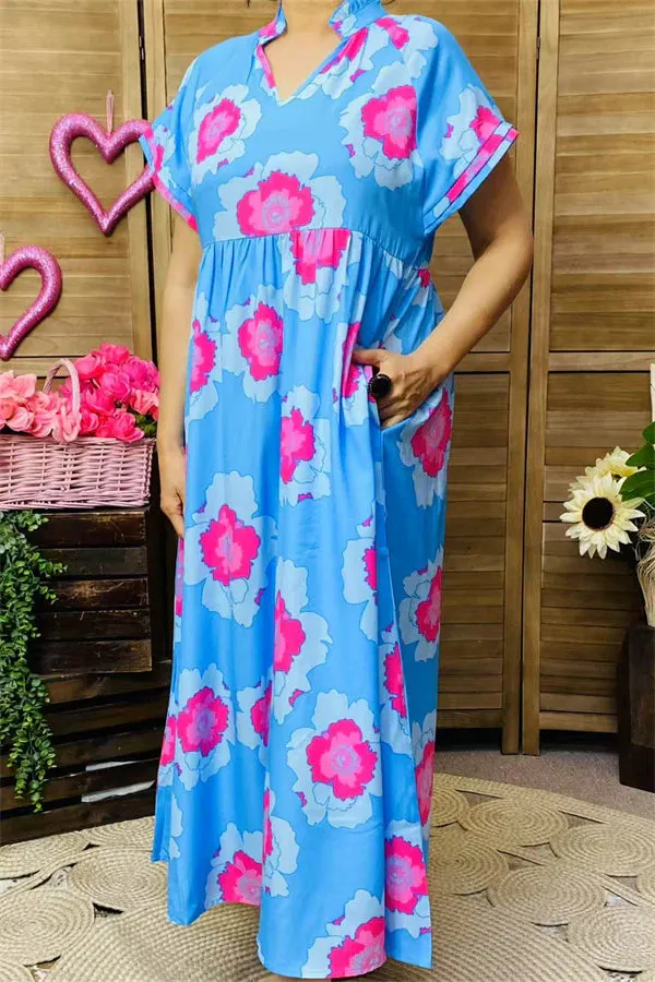 S,L, 3X: Blue Maxi Dress with pink flowers