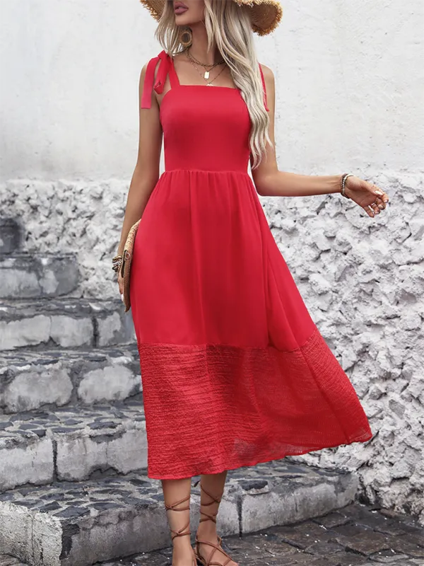 Sleeveless A-line Dress with Tie Straps and Textured Hem
