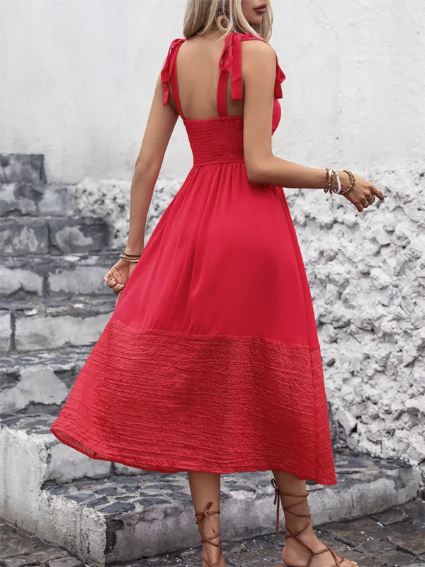 Sleeveless A-line Dress with Tie Straps and Textured Hem