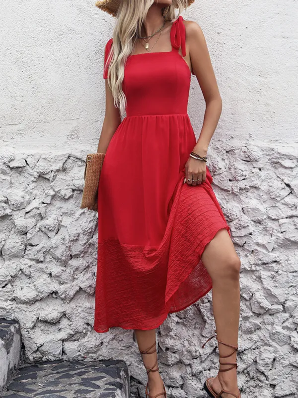 Sleeveless A-line Dress with Tie Straps and Textured Hem