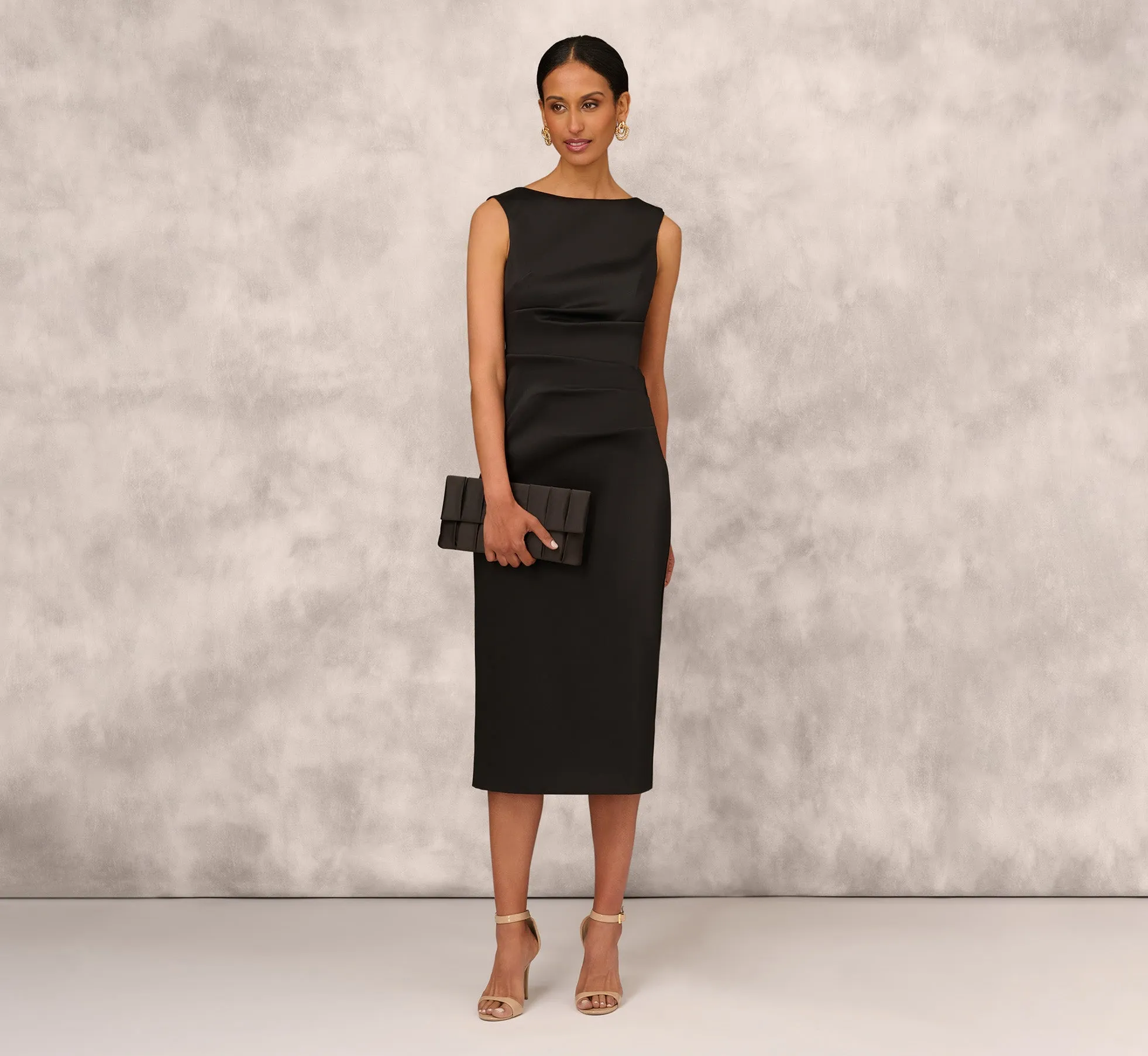 Sleeveless Mikado Ankle-Length Dress With Pleated Details In Black