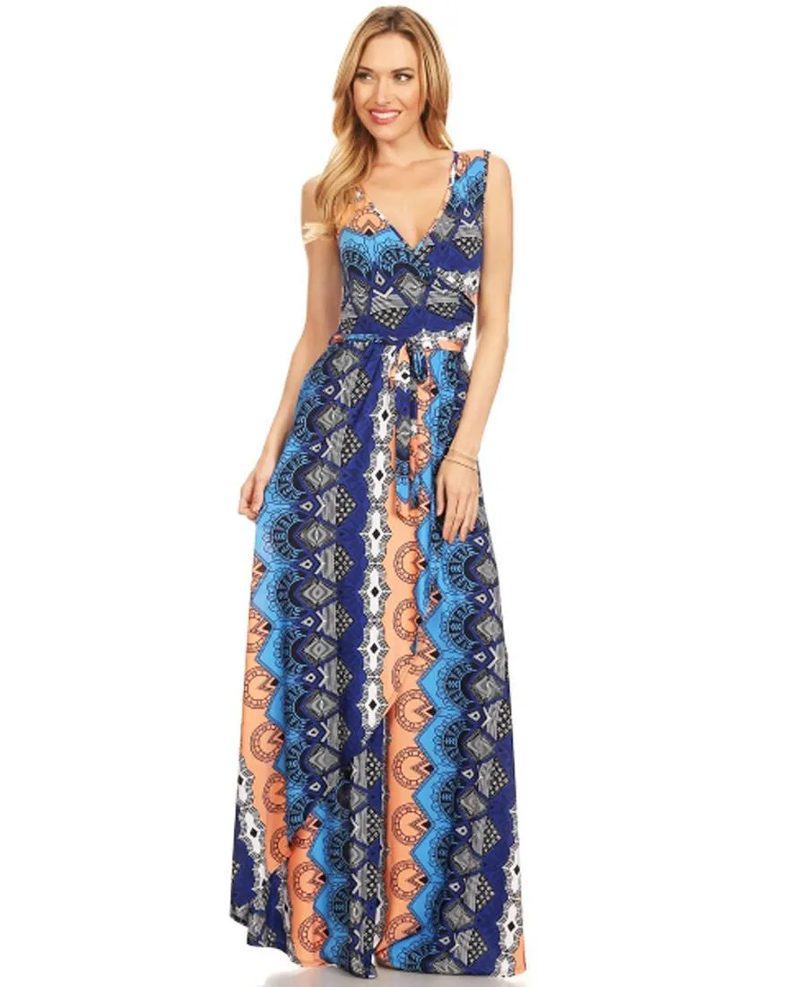 Sleeveless Paris Maxi Dress Retro Tribal Blue Orange