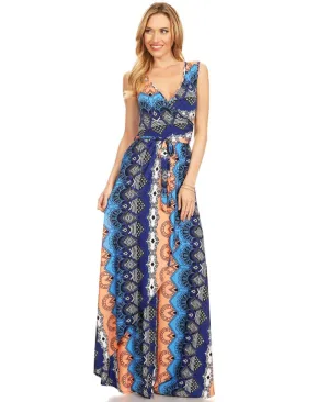 Sleeveless Paris Maxi Dress Retro Tribal Blue Orange
