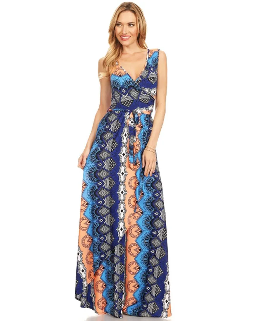 Sleeveless Paris Maxi Dress Retro Tribal Blue Orange