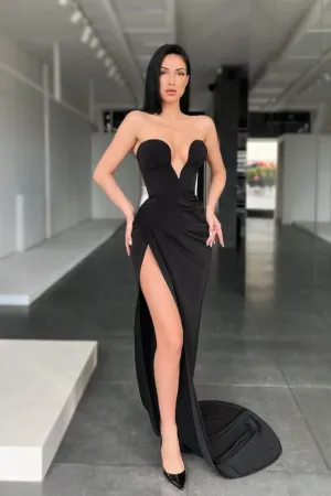 Sleeveless Sweetheart Sexy Sweep-Train Prom Dress with Front-Split
