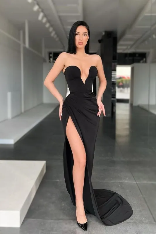 Sleeveless Sweetheart Sexy Sweep-Train Prom Dress with Front-Split