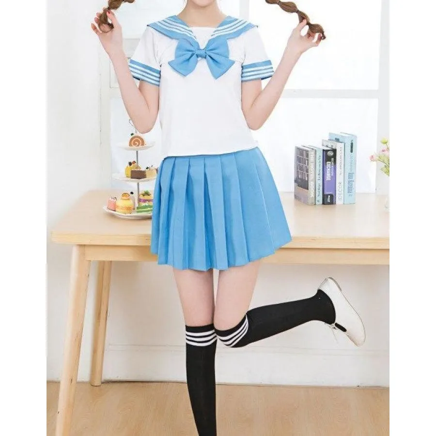 Solid Beautiful Sailor Stripe Top Pleated Skirt School Uniforms J40107