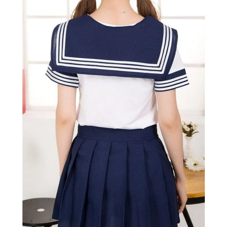 Solid Beautiful Sailor Stripe Top Pleated Skirt School Uniforms J40107