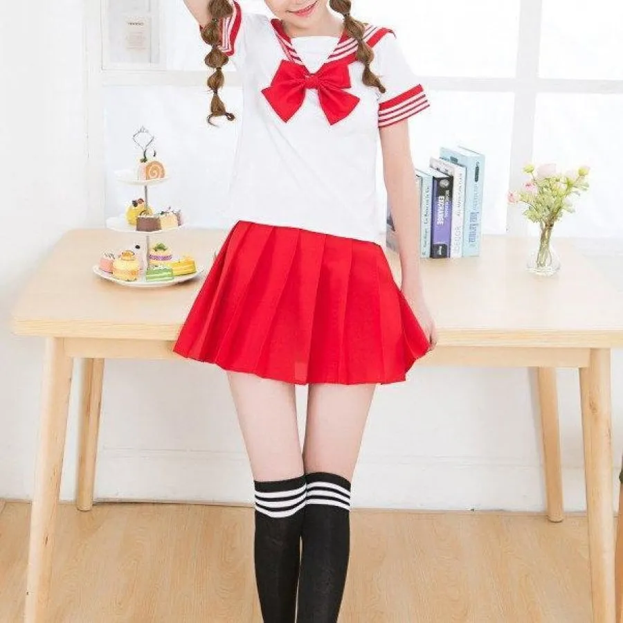 Solid Beautiful Sailor Stripe Top Pleated Skirt School Uniforms J40107