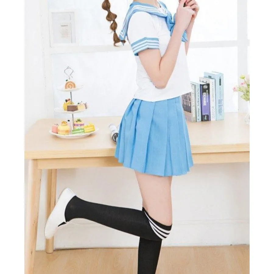 Solid Beautiful Sailor Stripe Top Pleated Skirt School Uniforms J40107