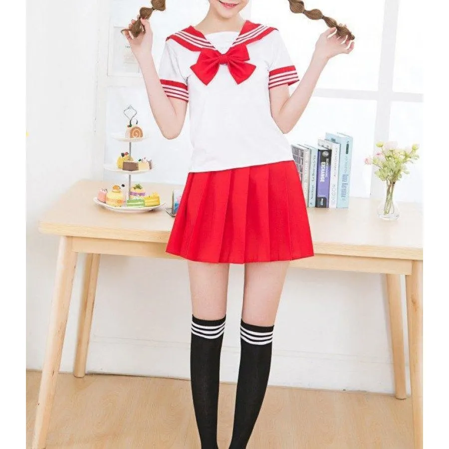 Solid Beautiful Sailor Stripe Top Pleated Skirt School Uniforms J40107