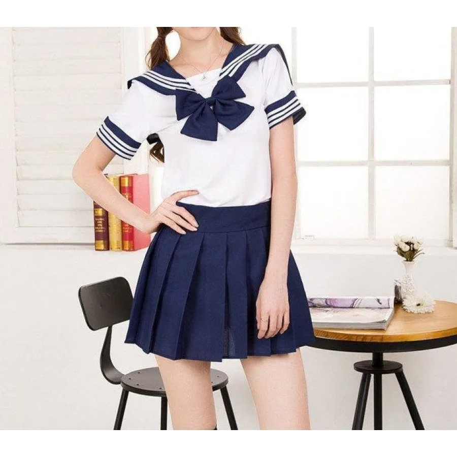 Solid Beautiful Sailor Stripe Top Pleated Skirt School Uniforms J40107
