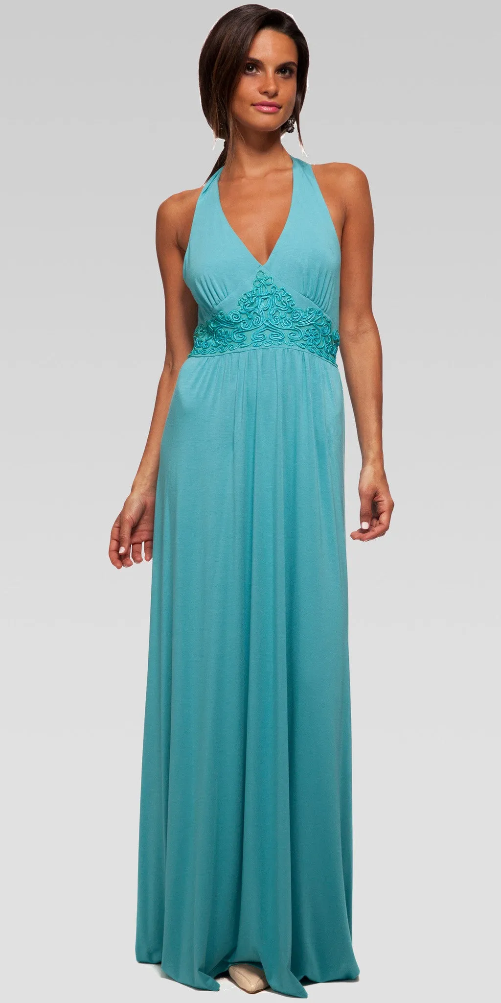 Soutache Embroidery Halter Maxi Dress - Aqua
