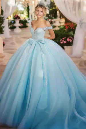 Sparkly Sky Blue Ball Gown fora do ombro arco tule vestido Quinceanera com apliques de renda