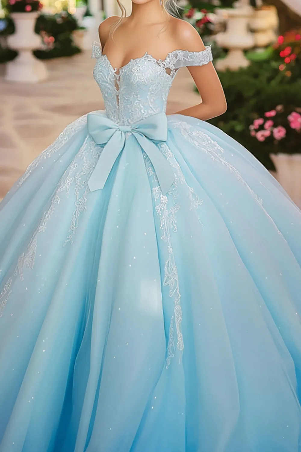 Sparkly Sky Blue Ball Gown fora do ombro arco tule vestido Quinceanera com apliques de renda