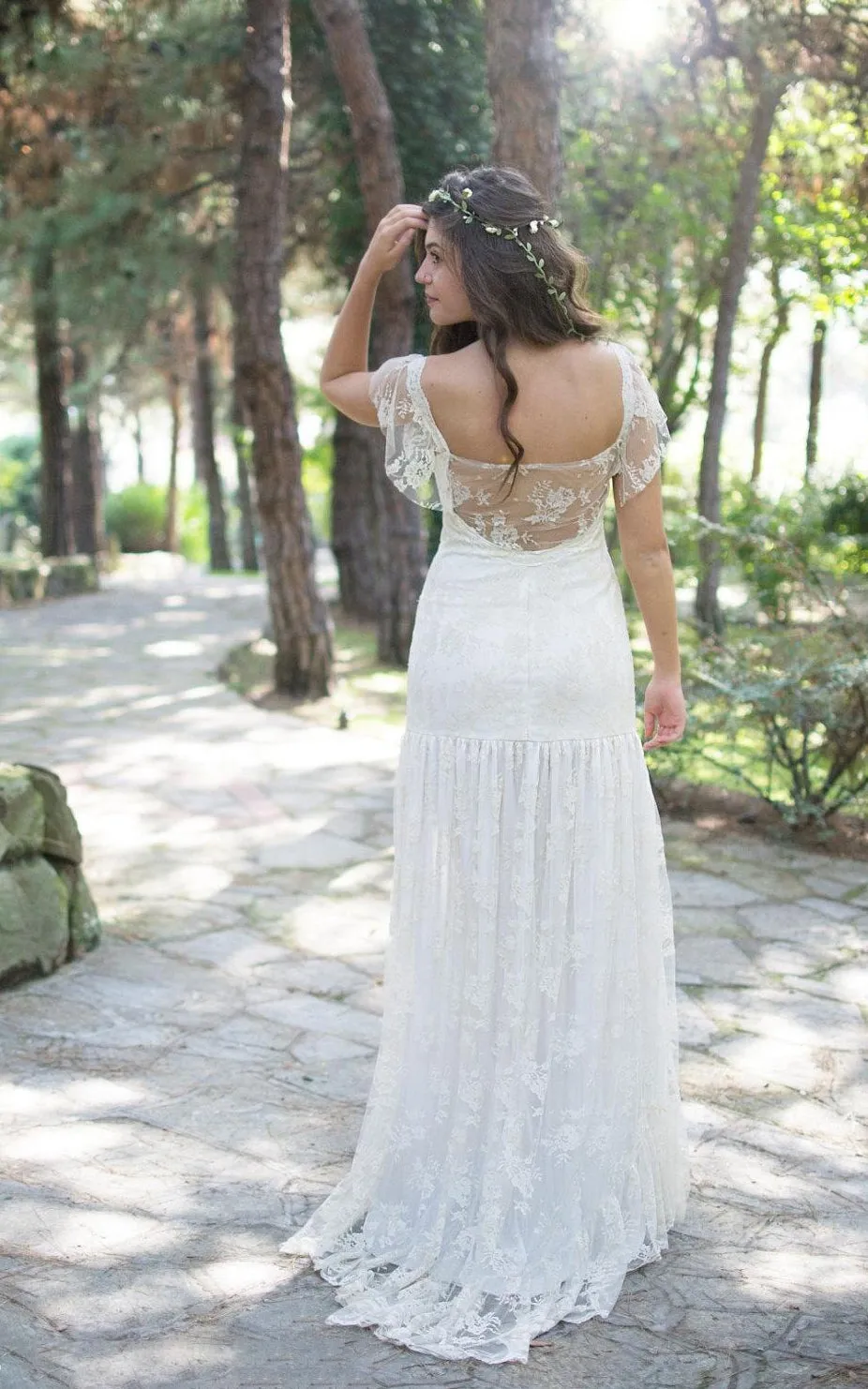 Square Cap Sheath Lace Wedding Dress With Pleats And Illusion Back-711044