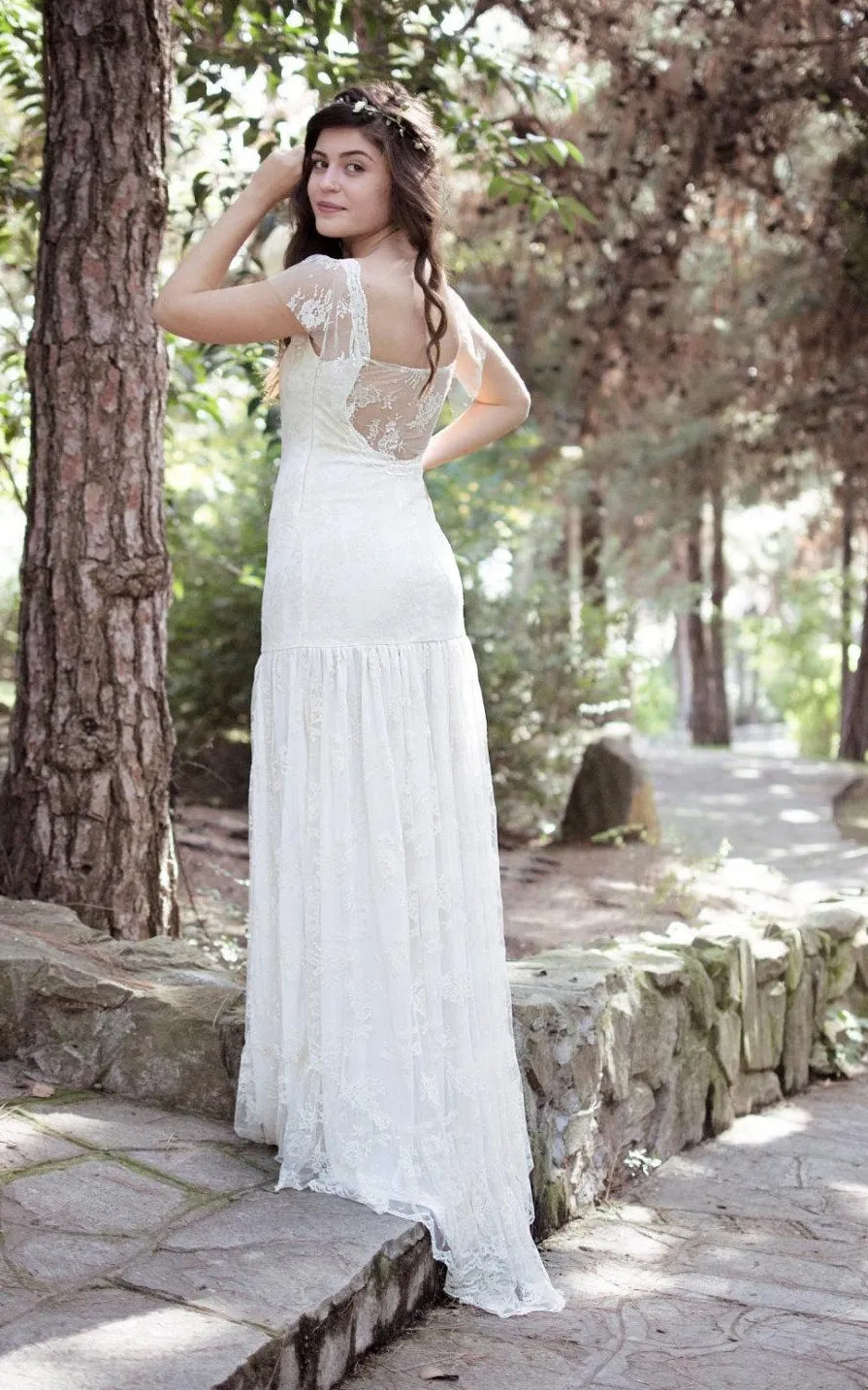 Square Cap Sheath Lace Wedding Dress With Pleats And Illusion Back-711044