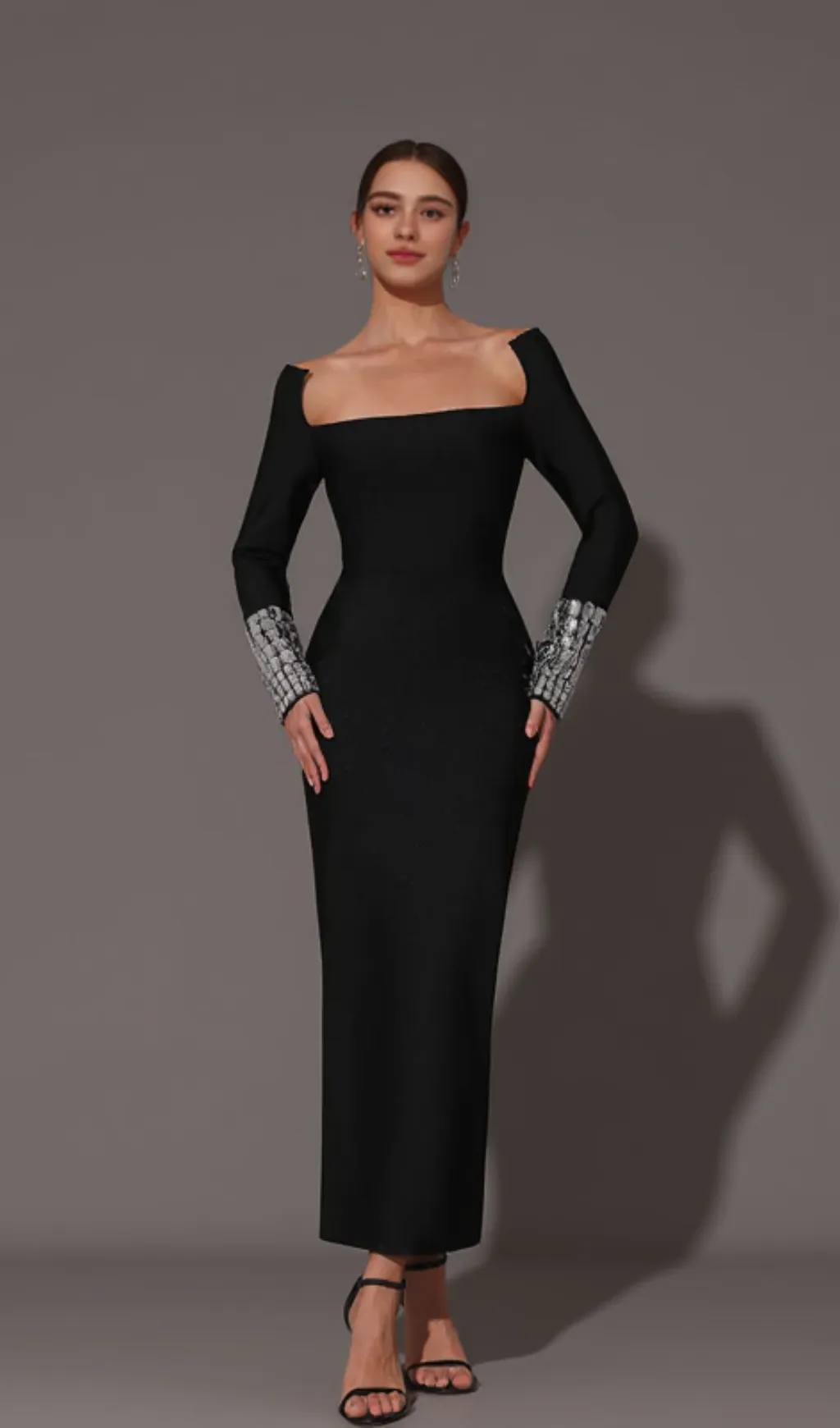 square neck diamond tight bandage maxi dress in black