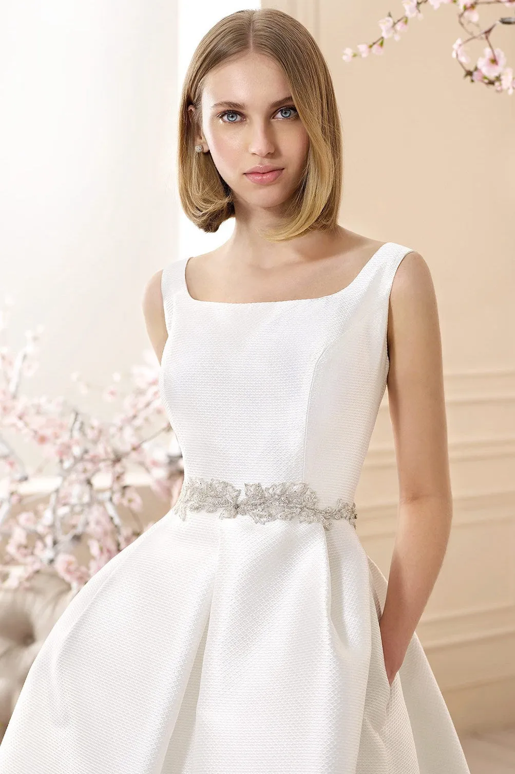 square-neck Sleeveless Satin A-line short Wedding Dress With Jeweled Waist-MK_705947