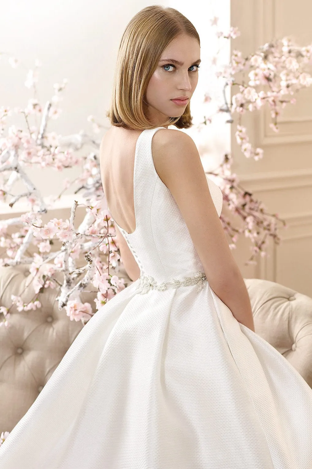 square-neck Sleeveless Satin A-line short Wedding Dress With Jeweled Waist-MK_705947