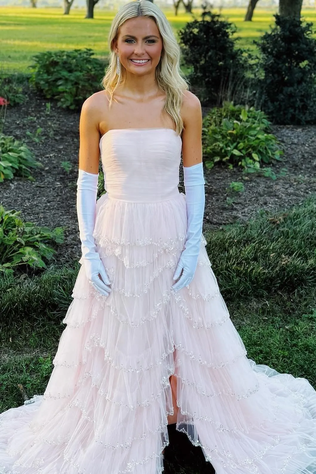 Strapless Black Tulle Tiered Prom Gown