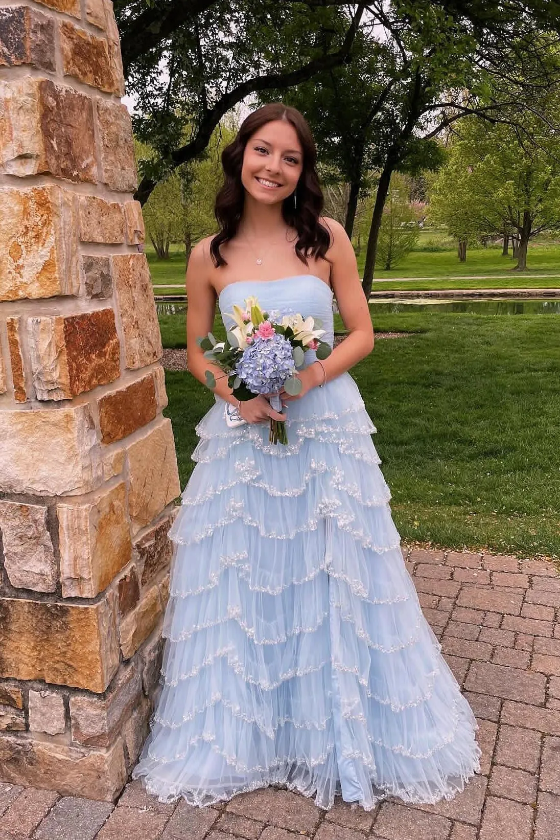 Strapless Black Tulle Tiered Prom Gown