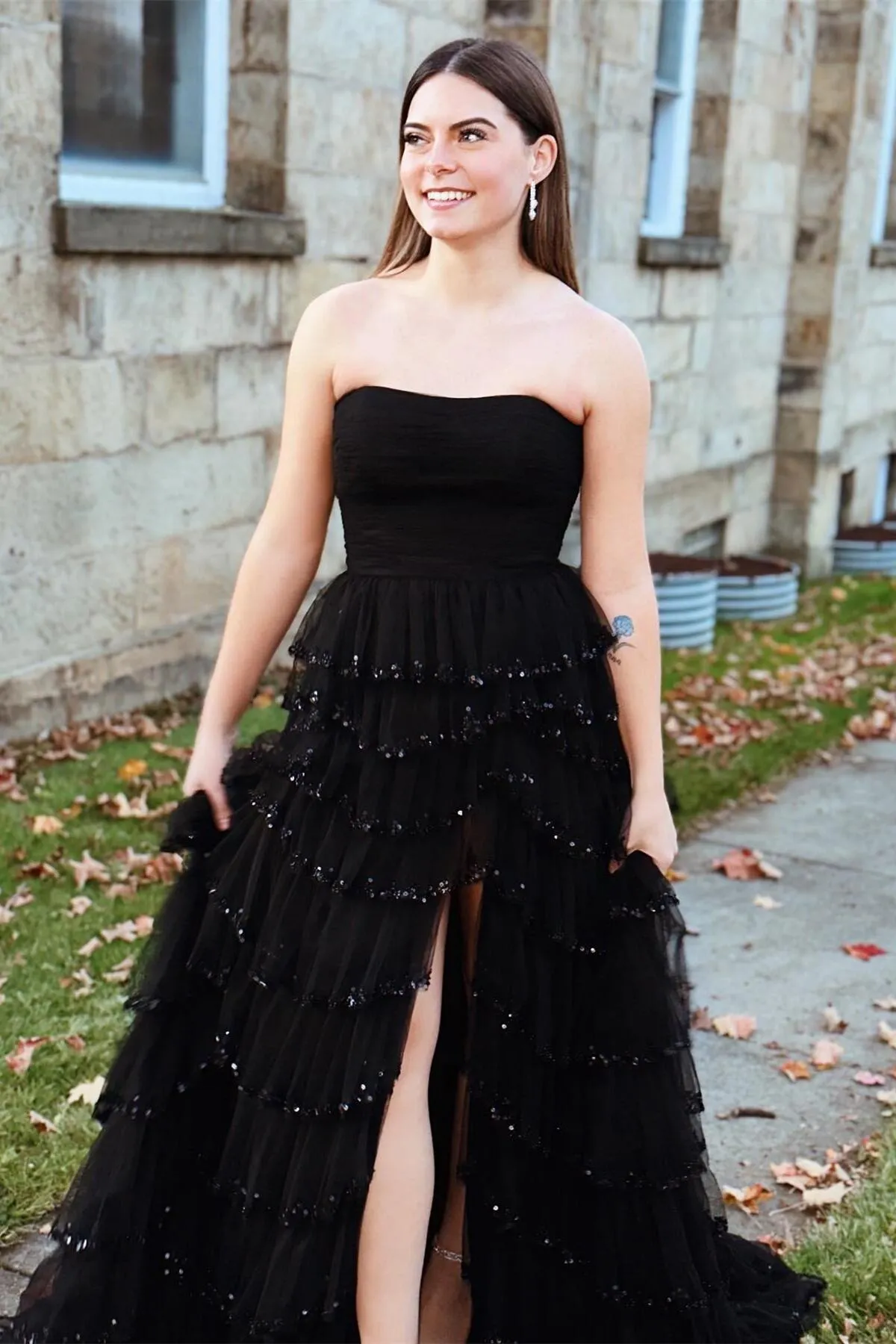 Strapless Black Tulle Tiered Prom Gown