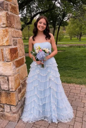 Strapless Black Tulle Tiered Prom Gown