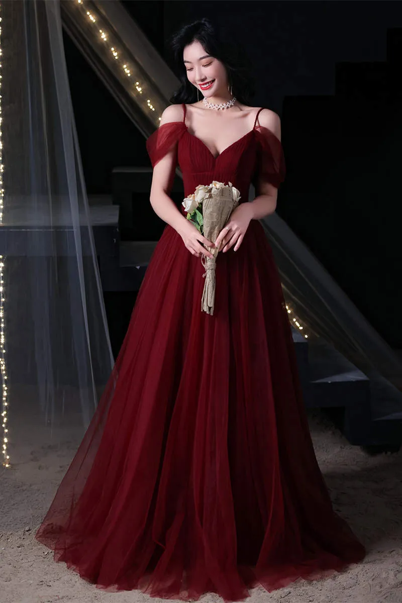 Straps A-line Burgundy Tulle Long Evening Dress